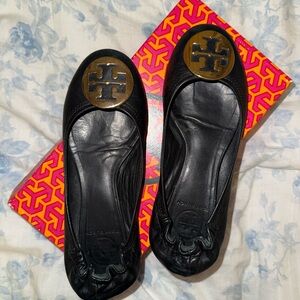 Tory Burch Black Flats with Gold Logo